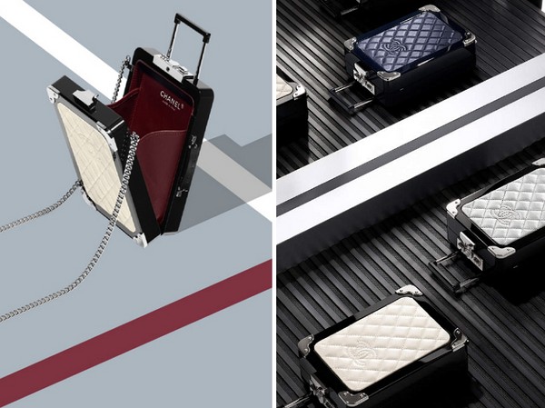 Ceļu zvani: čemodānu ratiņi Minaudiere no Chanel